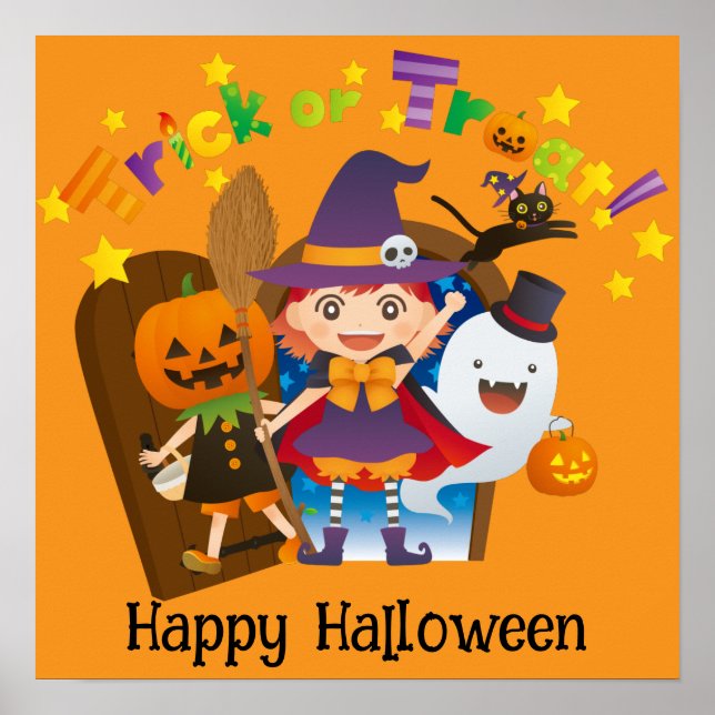 Halloween Cute Funny Whimsical Witch Girl Orange Poster (Front)