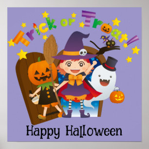 Halloween Cute Funny Whimsical Witch Girl Purple Poster