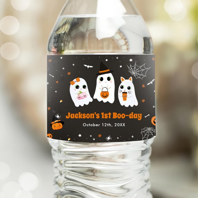 Halloween Cute Ghost 1st Birthday Spooktacular Water Bottle Label (Creator Uploaded)