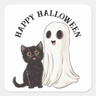 Halloween Cute Ghost and Black Cat  Square Sticker
