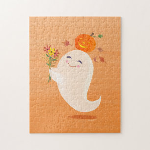 Halloween Cute Ghost and Flowers Jigsaw Puzzle