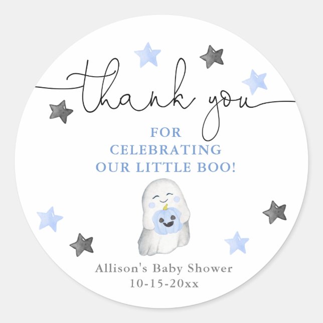 Halloween cute ghost blue white boy baby shower classic round sticker (Front)