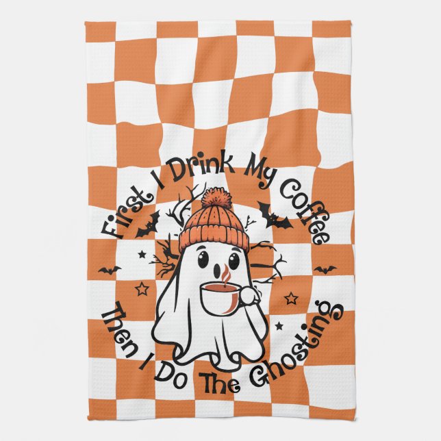 Halloween Cute Ghost Coffee Fall Tea Towel (Vertical)