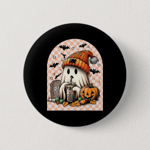 Halloween Cute Ghost Drinking Coffee Pumpkin Check 6 Cm Round Badge