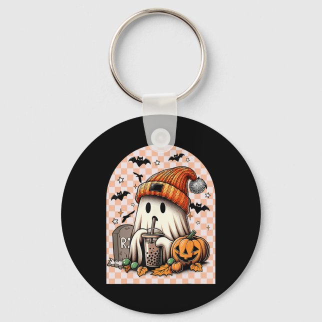 Halloween Cute Ghost Drinking Coffee Pumpkin Check Key Ring (Front)