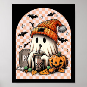 Halloween Cute Ghost Drinking Coffee Pumpkin Check Poster