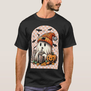 Halloween Cute Ghost Drinking Coffee Pumpkin Check T-Shirt