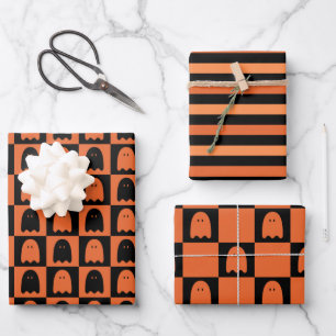 Halloween Cute Ghost Orange and Black Pattern Wrapping Paper Sheet