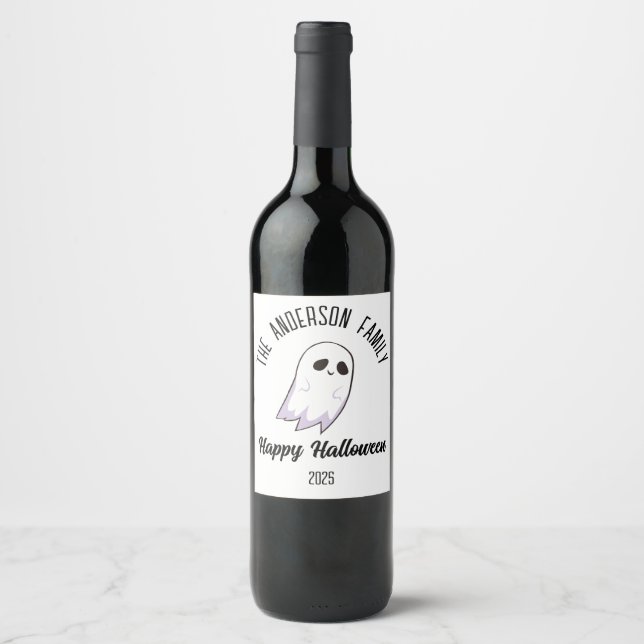 Halloween Cute Ghost Personalised Name Year Wine Label (Front)