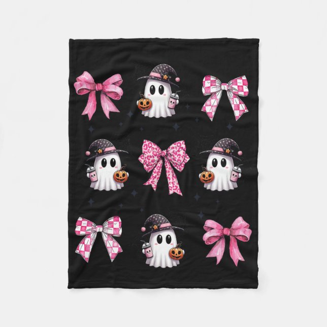 Halloween Cute Ghost Pink Coquette Bows Ghost Hall Fleece Blanket (Front)