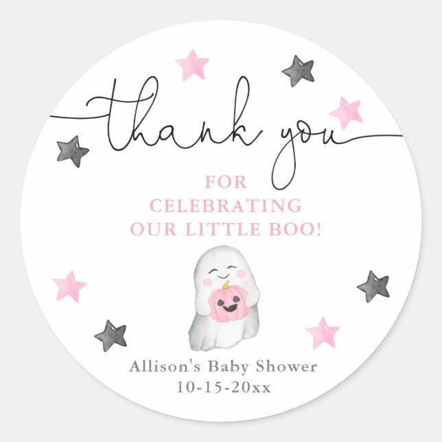 Halloween cute ghost pink white girl baby shower classic round sticker (Front)