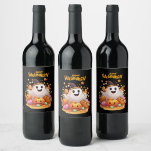 Halloween: Cute Ghosts and Pumpkin Family Wine Label