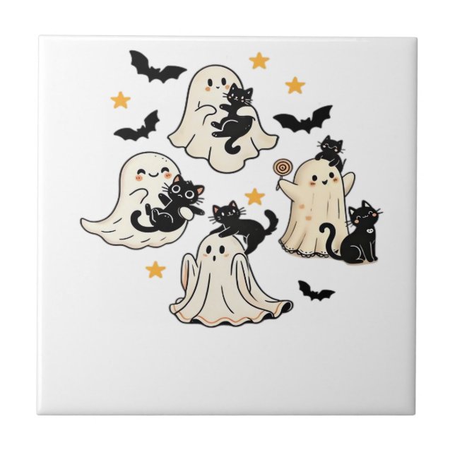 Halloween Cute Ghosts Bats Black Cats Oversized T- Tile (Front)