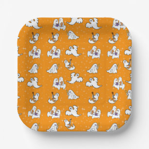 Halloween cute ghosts on orange background paper plate