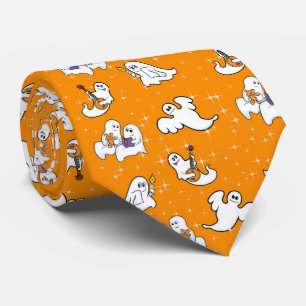 Halloween cute ghosts on orange background tie