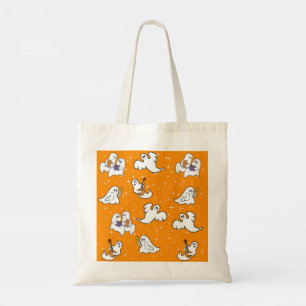 Halloween cute ghosts on orange background tote bag