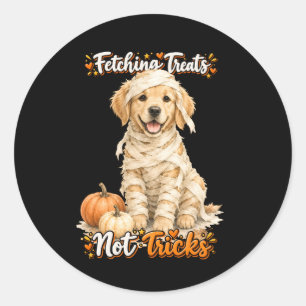 Halloween Cute Golden Retriever Mummy Tricks Black Classic Round Sticker