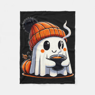 Halloween Cute Kawaii Ghost Drinking Coffee Women  Fleece Blanket