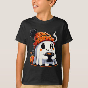 Halloween Cute Kawaii Ghost Drinking Coffee Women T-Shirt