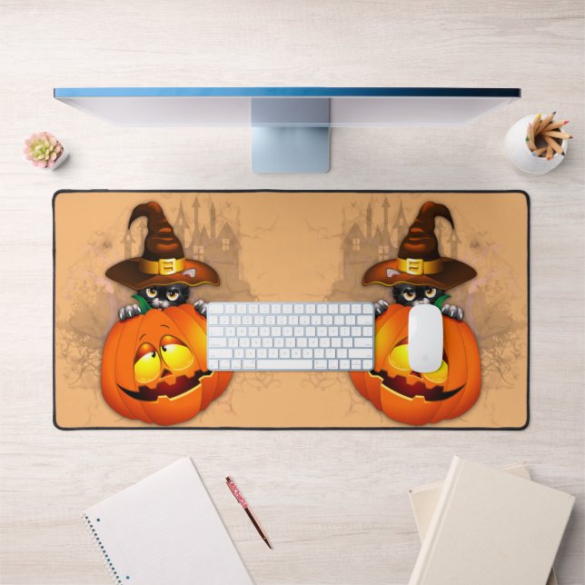 Halloween Cute Kitty Witch and Pumpkin Friend  Desk Mat (Office 1)