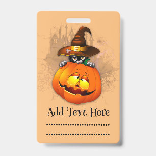 Halloween Cute Kitty Witch and Pumpkin Friend  ID Badge