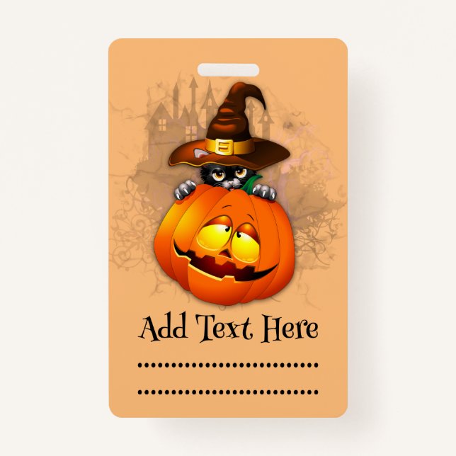 Halloween Cute Kitty Witch and Pumpkin Friend  ID Badge (Front)