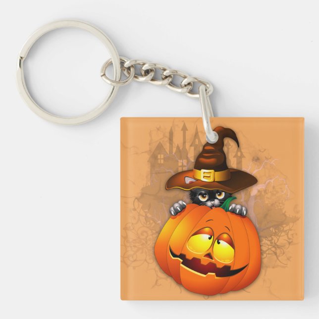 Halloween Cute Kitty Witch and Pumpkin Friend  Key Ring (Front)