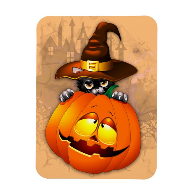 Halloween Cute Kitty Witch and Pumpkin Friend  Magnet (Vertical)