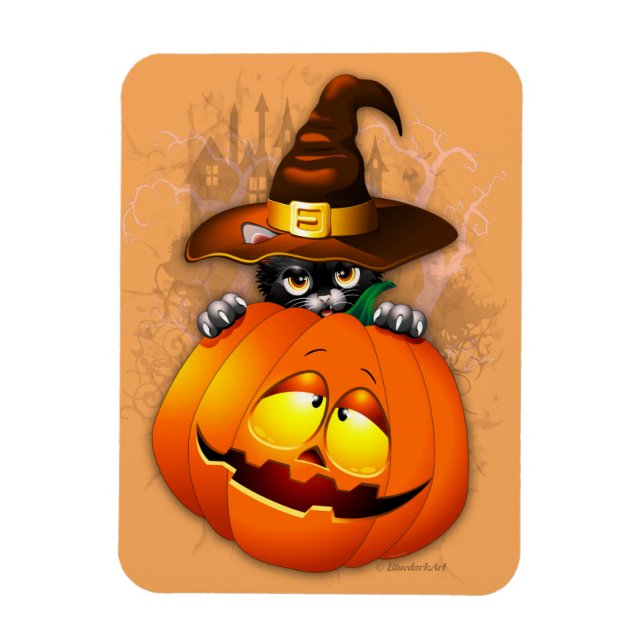 Halloween Cute Kitty Witch and Pumpkin Friend   Magnet (Vertical)
