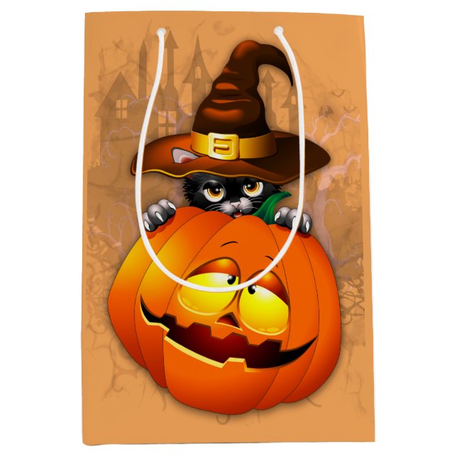 Halloween Cute Kitty Witch and Pumpkin Friend  Medium Gift Bag (Front)