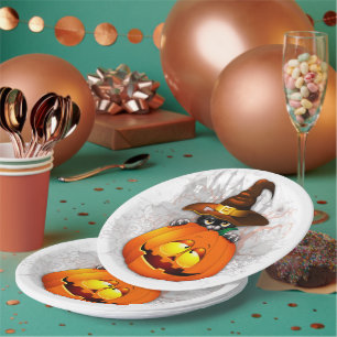 Halloween Cute Kitty Witch and Pumpkin Friend Paper Plate
