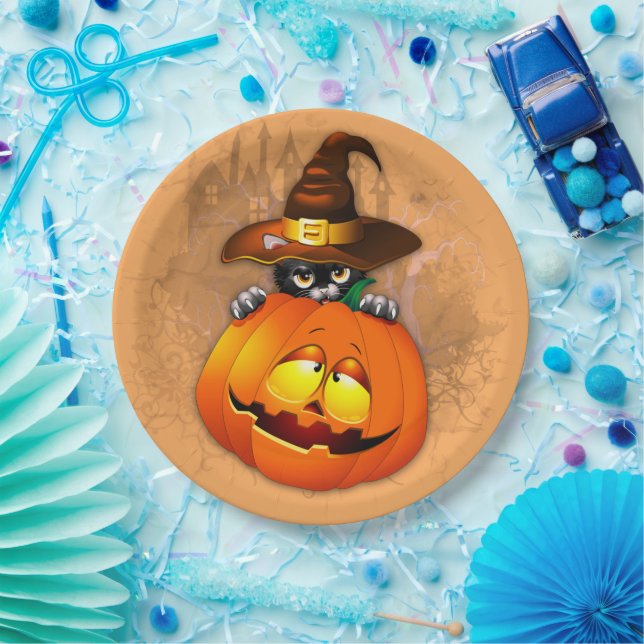 Halloween Cute Kitty Witch and Pumpkin Friend  Paper Plate (Party)