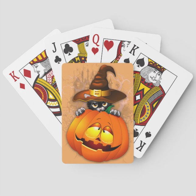 Halloween Cute Kitty Witch and Pumpkin Friend  Playing Cards (Back)