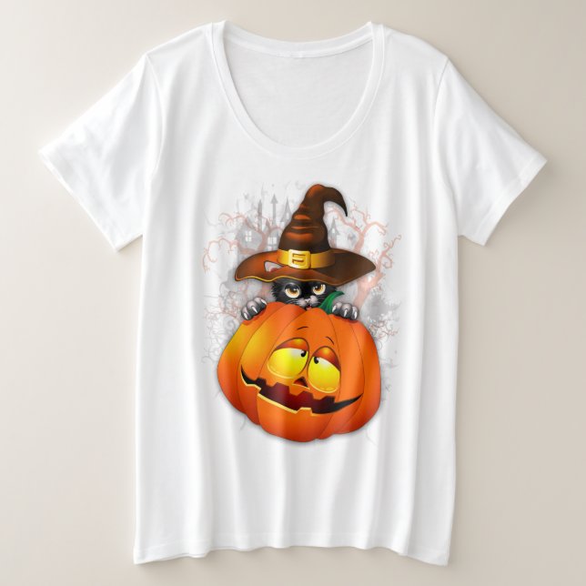 Halloween Cute Kitty Witch and Pumpkin Friend  Plus Size T-Shirt (Design Front)