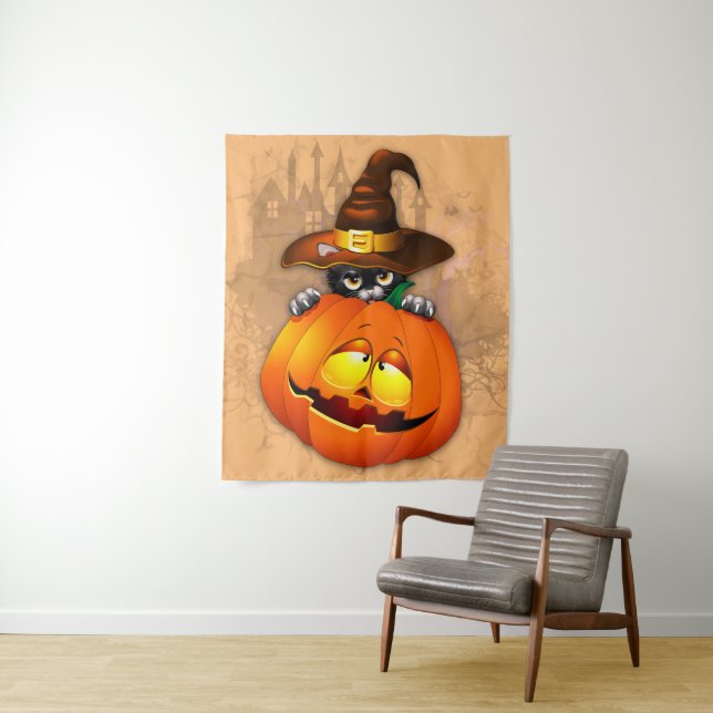 Halloween Cute Kitty Witch and Pumpkin Friend  Tapestry (In Situ)