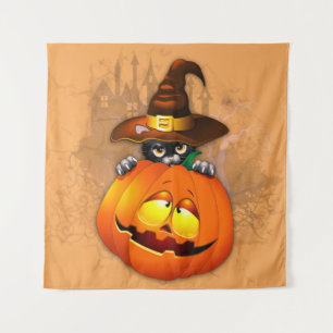 Halloween Cute Kitty Witch and Pumpkin Friend   Tapestry
