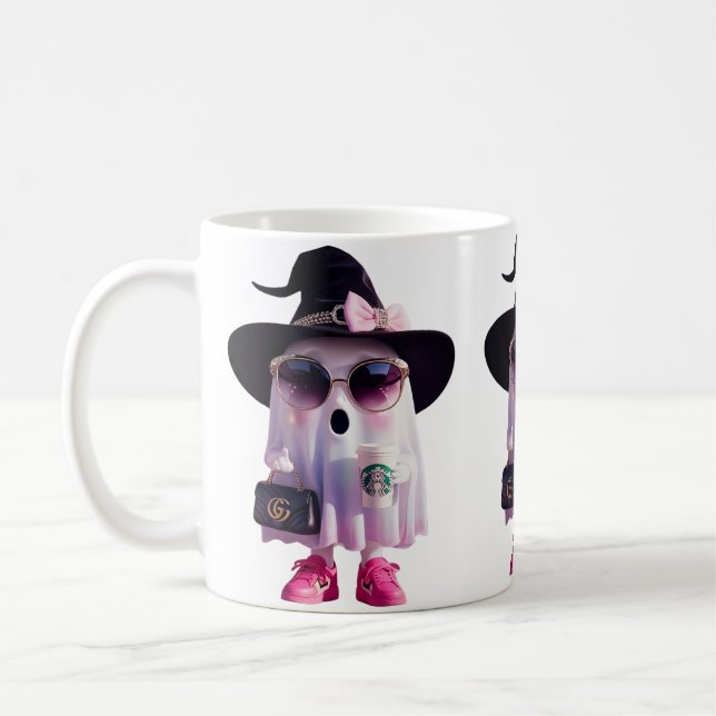 Halloween Cute Little Lady Ghost with Coffee Mug (Left)