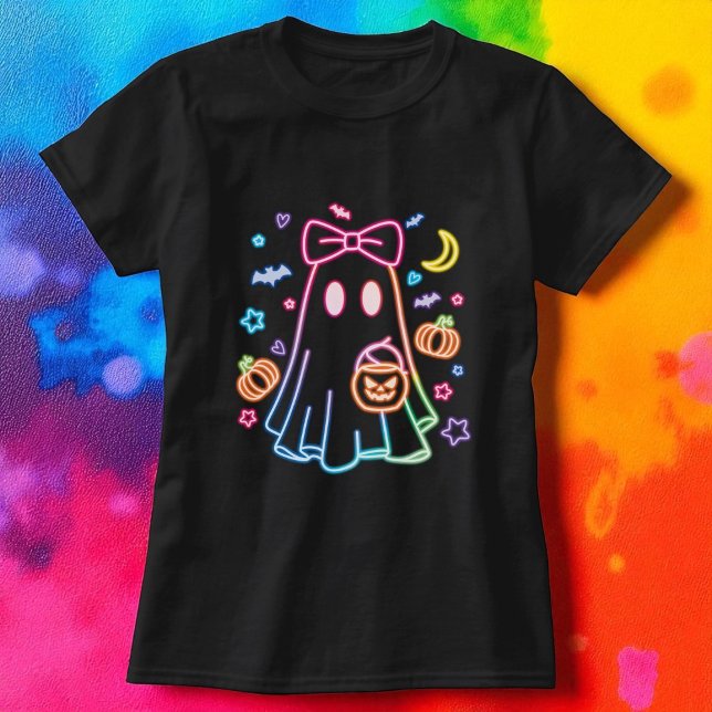 Halloween Cute Neon Ghost Black T-Shirt (Creator Uploaded)