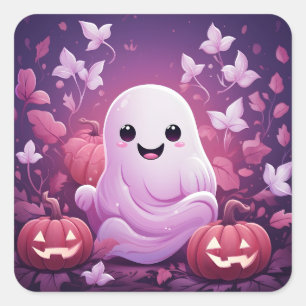 Halloween Cute Pink Ghost And Orange Pumpkins Square Sticker