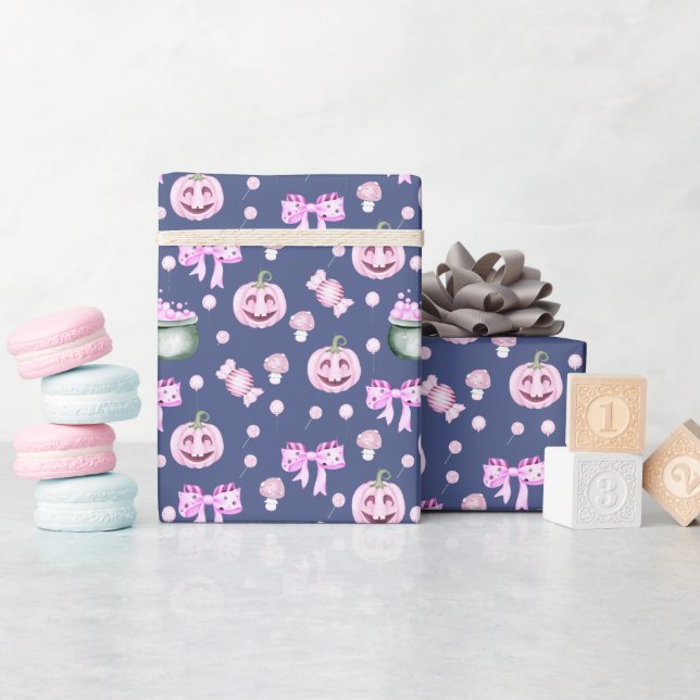 Halloween Cute Pink Pumpkins Pattern  Wrapping Paper (Baby Shower)