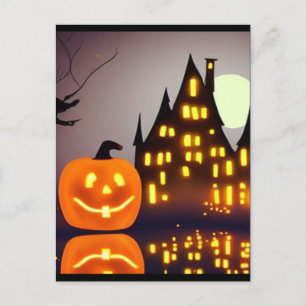 Halloween cute pumpkin and house A.I. fun Postcard
