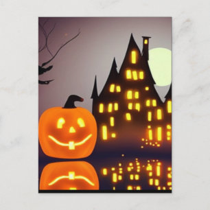 Halloween cute pumpkin and house spooky fun  postcard