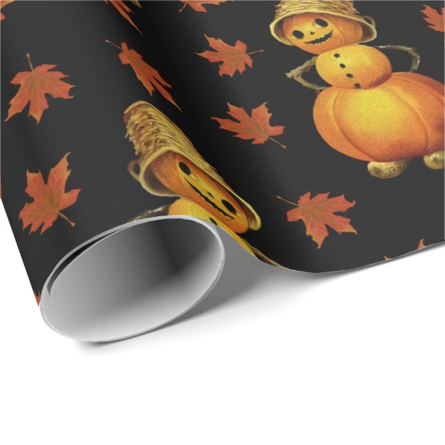 Halloween Cute Pumpkin Autumn Leaves Pattern Wrapping Paper (Roll Corner)