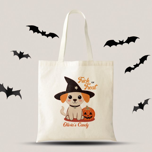 Halloween cute puppy jack o lantern trick or treat tote bag (Halloween cute puppy jack o lantern trick or treat personalized name tote bag gifts for dog lovers)