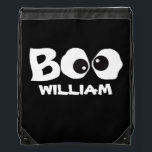 Halloween Cute Simple Whimsical Ghost Boo Eyes Drawstring Bag<br><div class="desc">Goofy-eyed BOO for your Halloween. A simple design with goofy cross-eyed ghoul eyes saying BOO! Trick or treat fun will be had by all with this whimsical design. Happy Halloween fun with a black background and a simple white border, Personalise for yourself or your favourite ghosts and goblins. This design...</div>