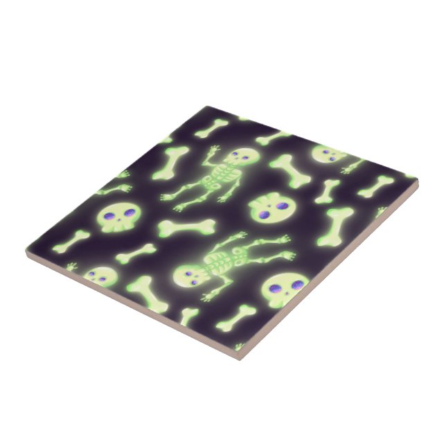 Halloween Cute Spooky Glowing Skeleton Bones Skull Tile (Side)