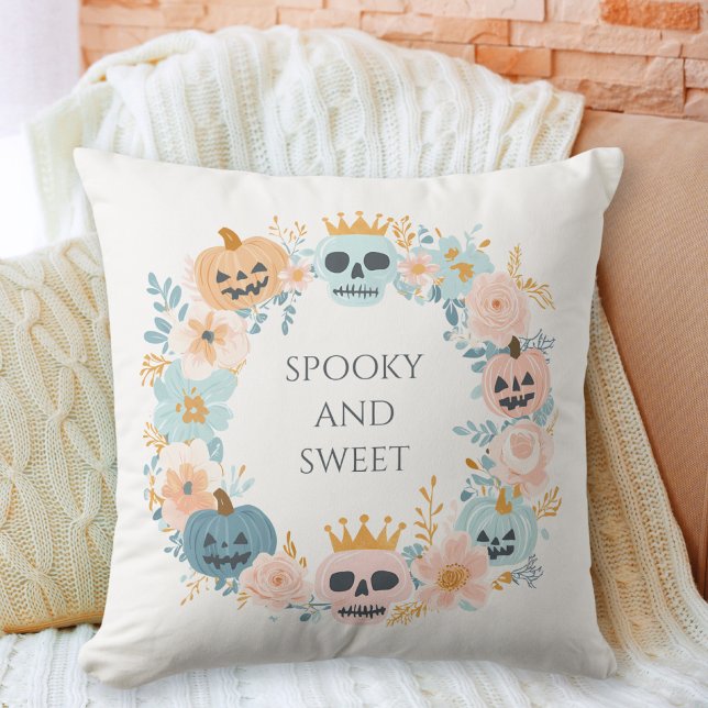 Halloween Cute Spooky Skull Pumpkin Pink Blue Chic Cushion (Halloween Cute Spooky Skull Pumpkin Pink Blue Chic Throw Pillow)