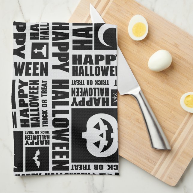 Halloween Cute Spooky Whimsical Black Pattern Tea Towel (Quarter Fold)