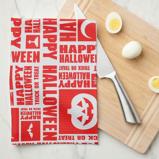 Halloween Cute Spooky Whimsical Red Pattern Tea Towel (Quarter Fold)