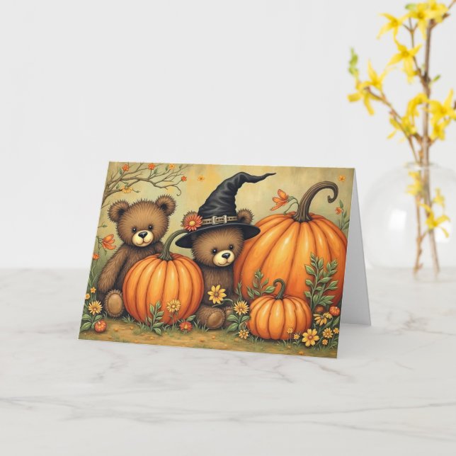 Halloween Cute Teddy Bears Folk Art Style Puimpkin Card (Yellow Flower)